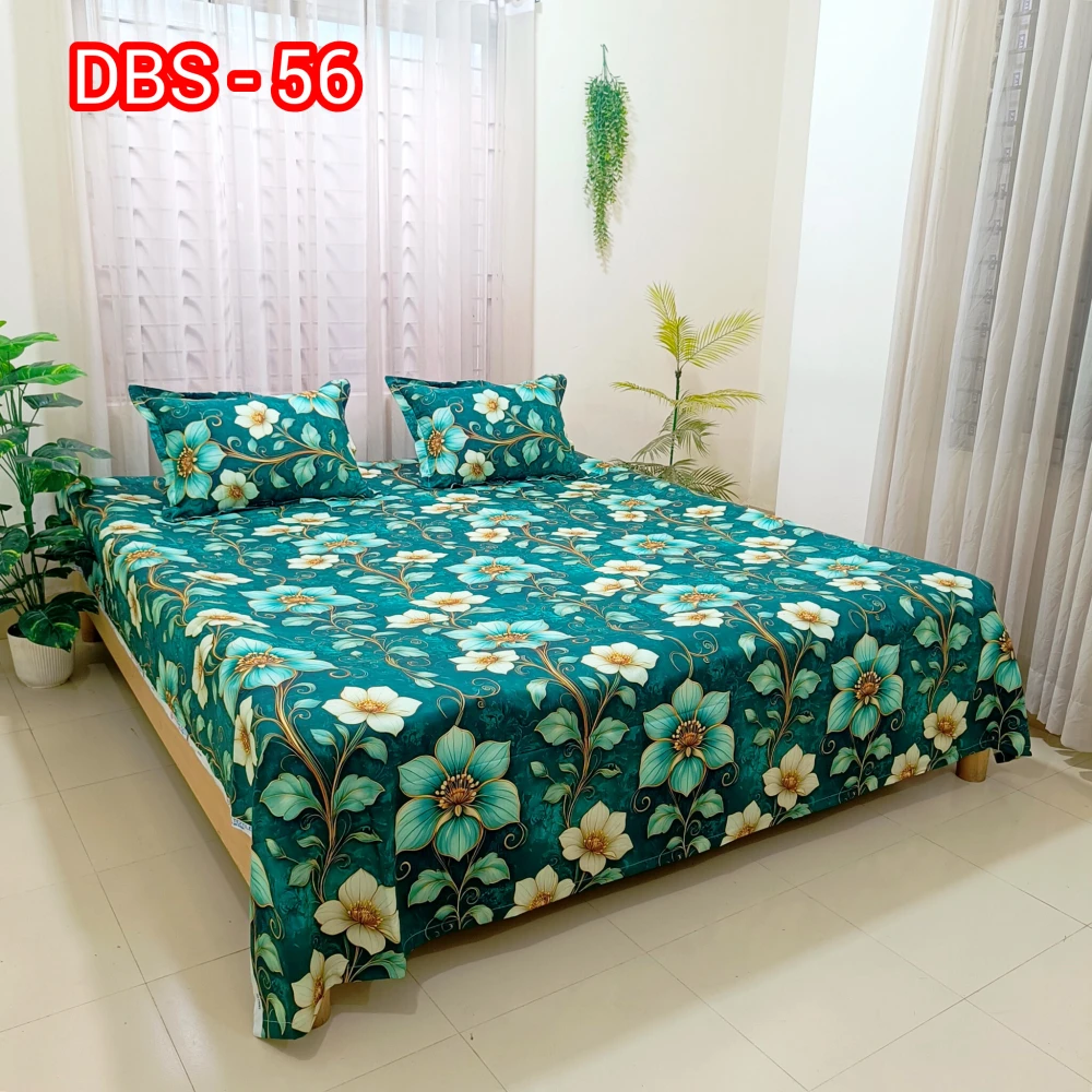 Teal Floral Elegance Digital Printed Super Twill Cotton King Size Bedsheet with 2 Pcs Pillow Covers