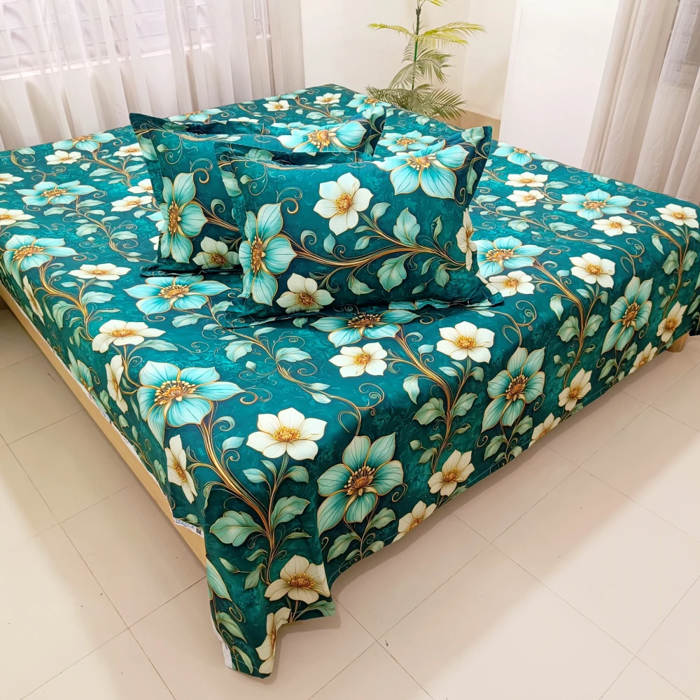 Teal Floral Elegance Digital Printed Super Twill Cotton King Size Bedsheet with 2 Pcs Pillow Covers