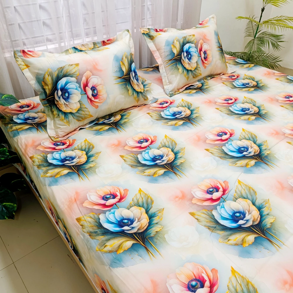 Pastel Blossom Dream Digital Printed Super Twill Cotton King Size Bedsheet with 2 Pcs Pillow Covers