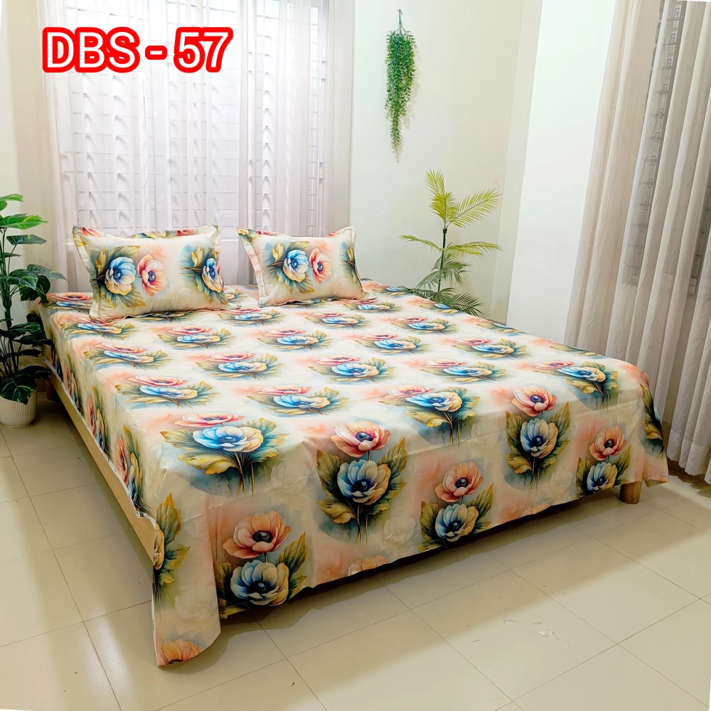 Pastel Blossom Dream Digital Printed Super Twill Cotton King Size Bedsheet with 2 Pcs Pillow Covers
