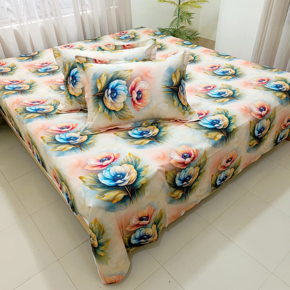 Pastel Blossom Dream Digital Printed Super Twill Cotton King Size Bedsheet with 2 Pcs Pillow Covers