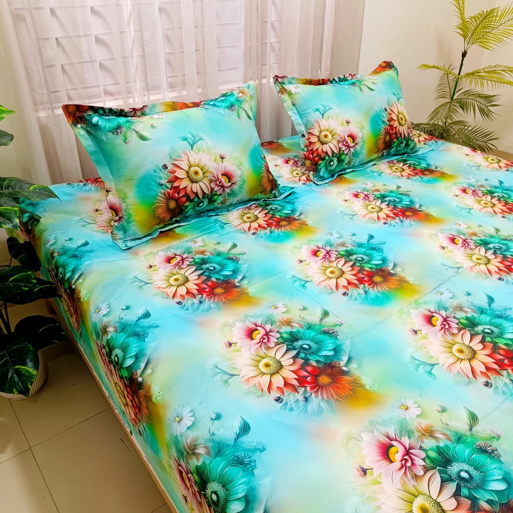 Aqua Floral Dream Digital Printed Super Twill Cotton King Size Bedsheet with 2 Pcs Pillow Covers