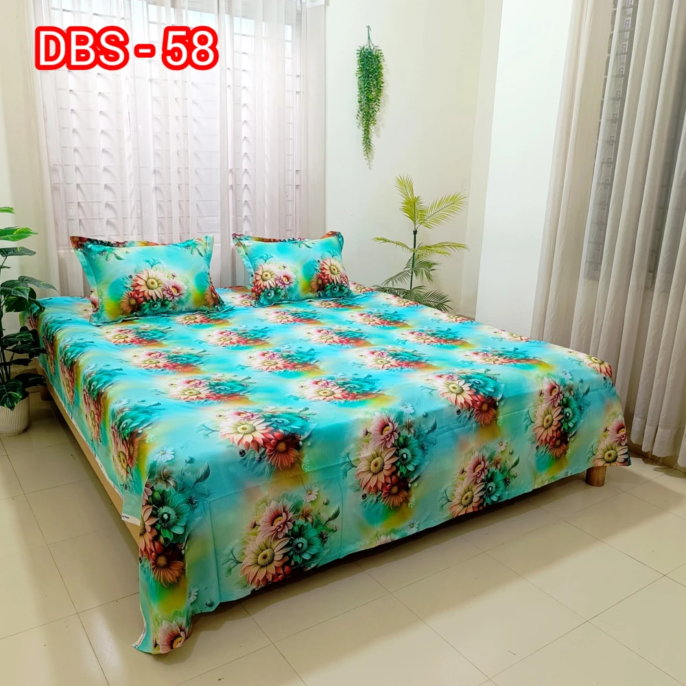 Aqua Floral Dream Digital Printed Super Twill Cotton King Size Bedsheet with 2 Pcs Pillow Covers