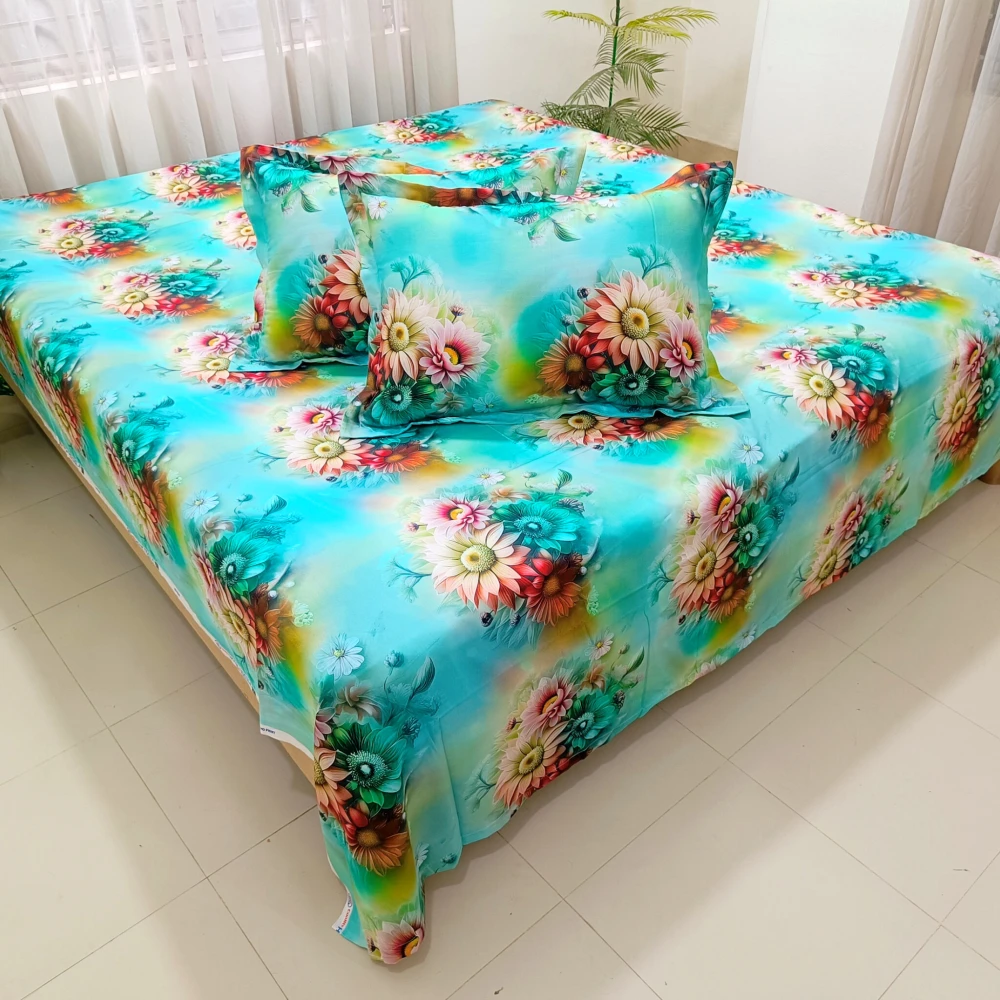 Aqua Floral Dream Digital Printed Super Twill Cotton King Size Bedsheet with 2 Pcs Pillow Covers