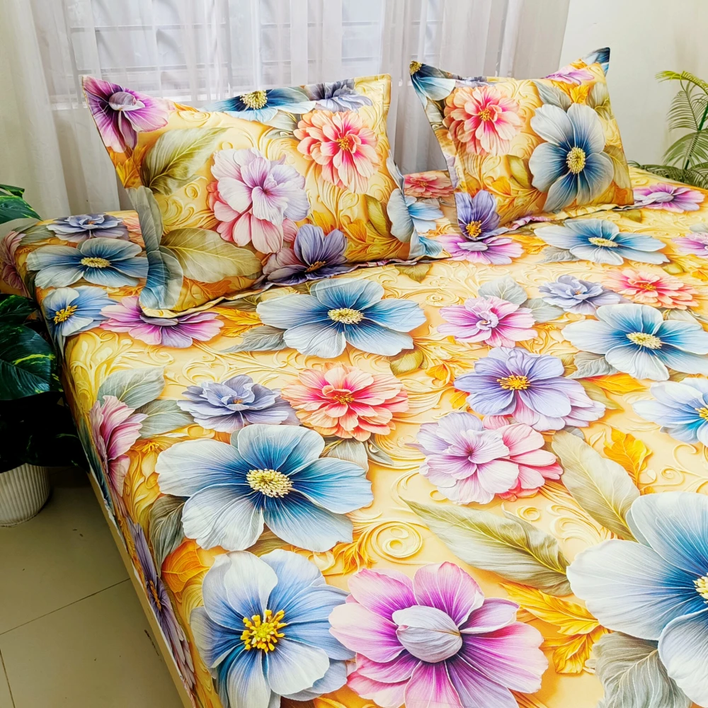 Sunny Blooms Paradise Digital Printed Super Twill Cotton King Size Bedsheet with 2 Pcs Pillow Covers