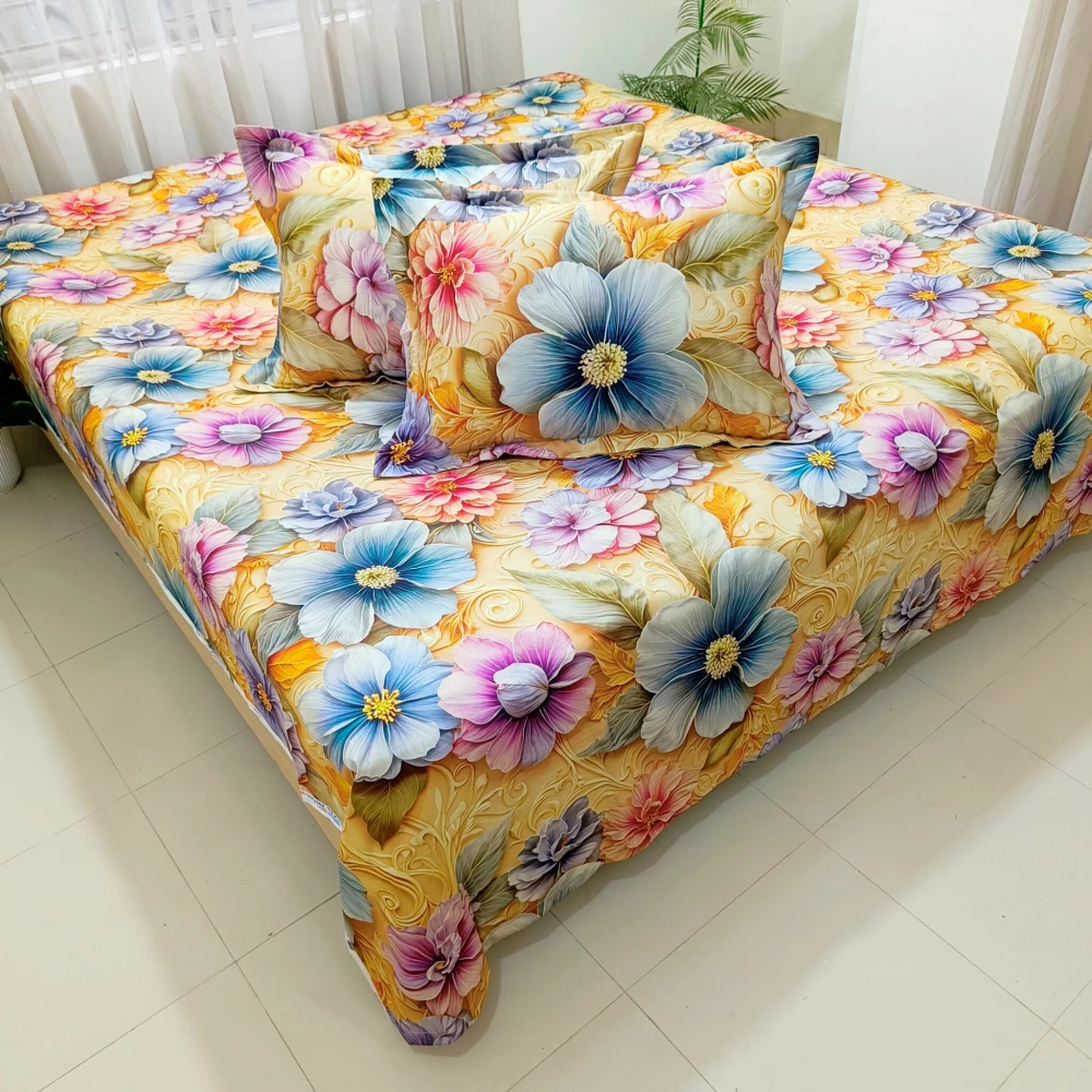 Sunny Blooms Paradise Digital Printed Super Twill Cotton King Size Bedsheet with 2 Pcs Pillow Covers