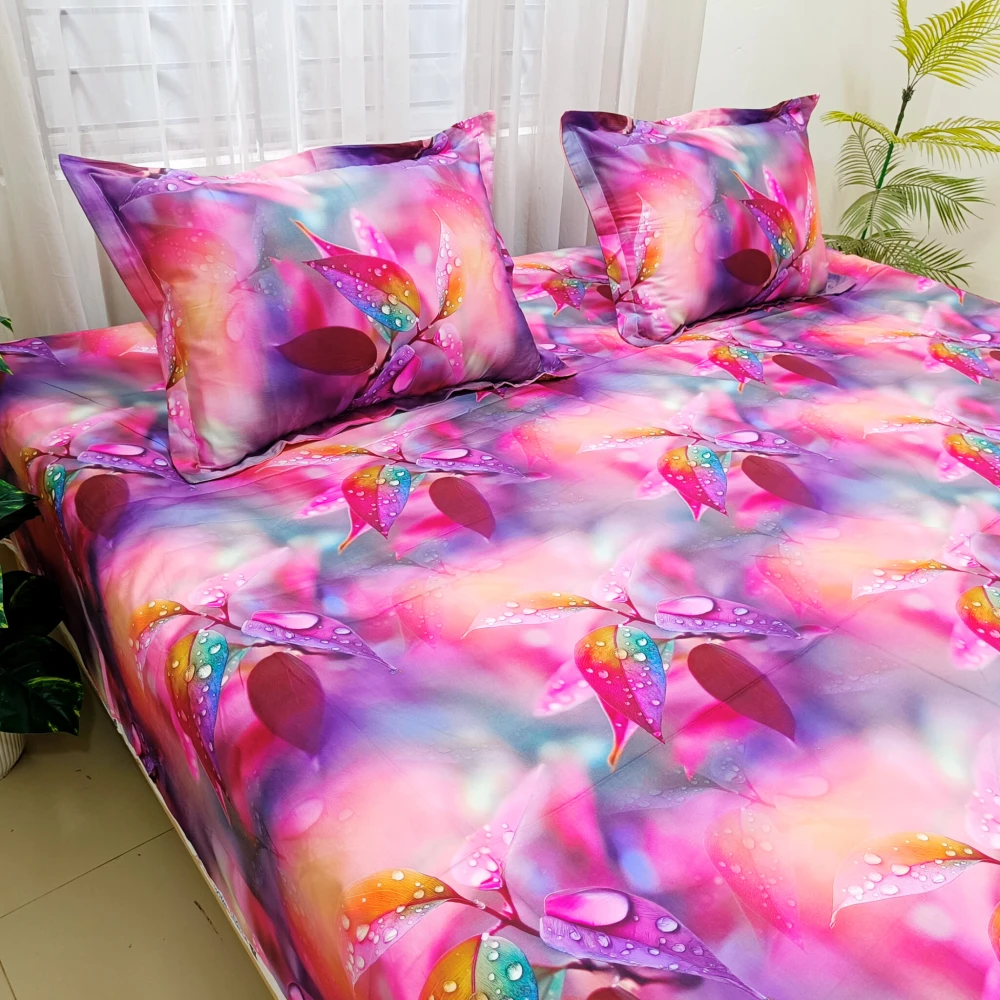 Magical Purple Dew Digital Printed Super Twill Cotton King Size Bedsheet with 2 Pcs Pillow Covers