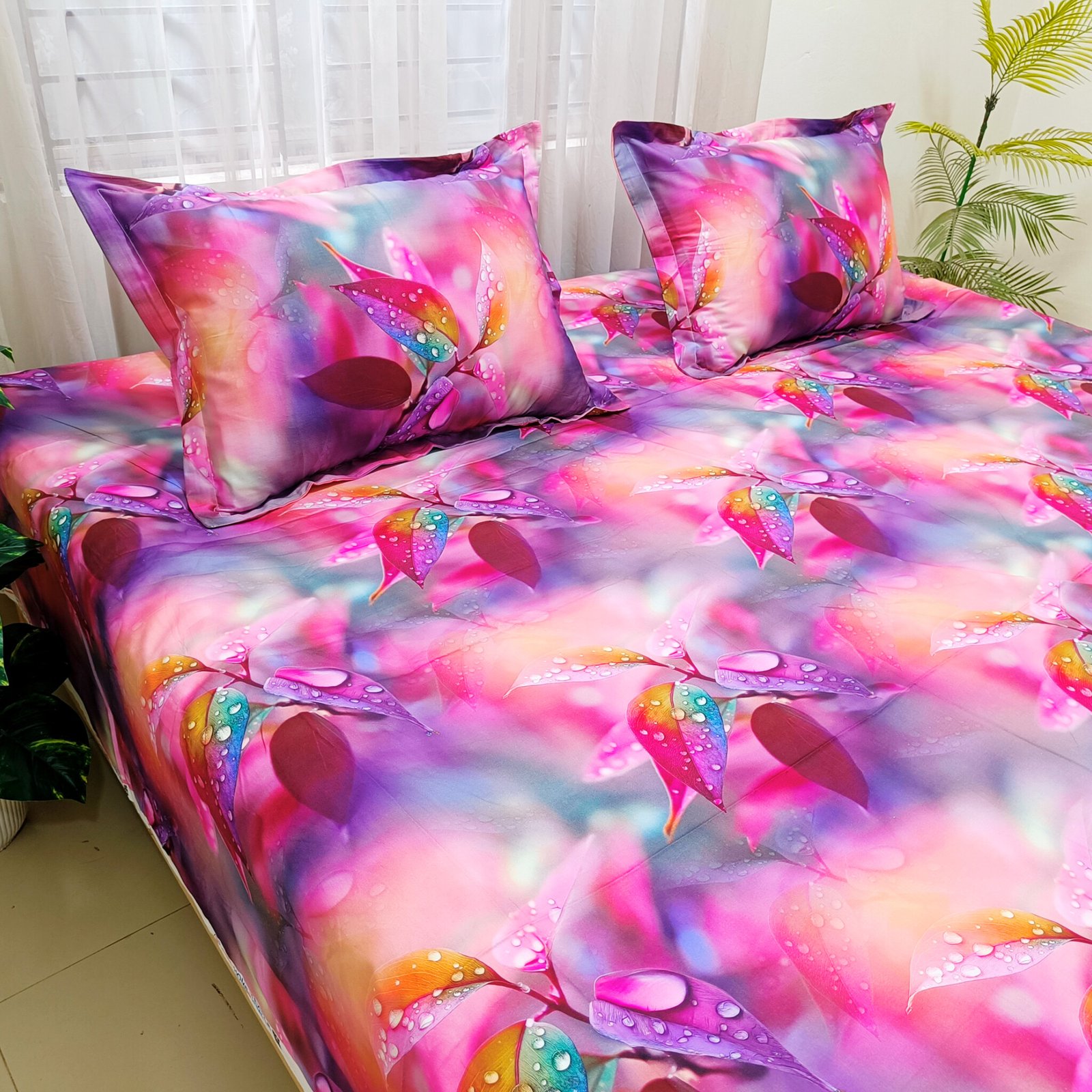 Magical Purple Dew Digital Printed Super Twill Cotton King Size Bedsheet with 2 Pcs Pillow Covers