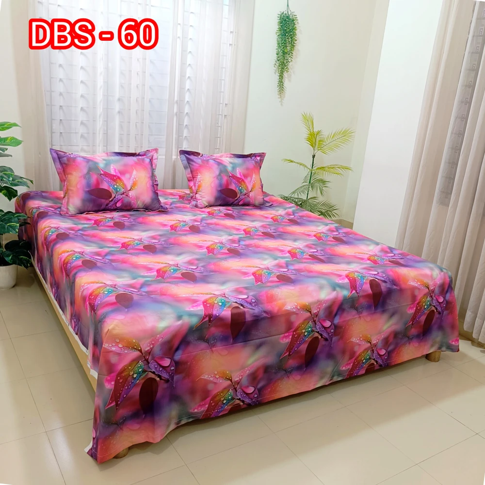Magical Purple Dew Digital Printed Super Twill Cotton King Size Bedsheet with 2 Pcs Pillow Covers