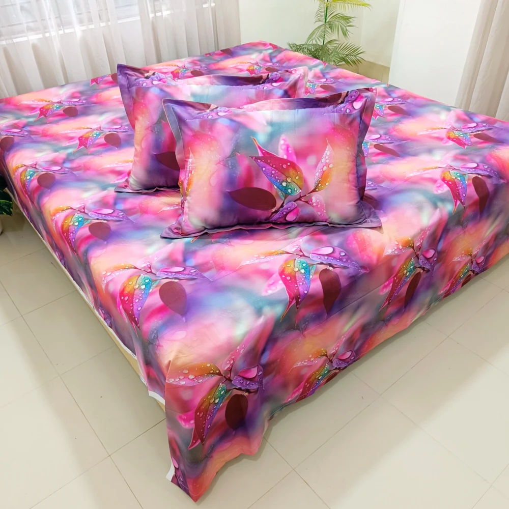 Magical Purple Dew Digital Printed Super Twill Cotton King Size Bedsheet with 2 Pcs Pillow Covers