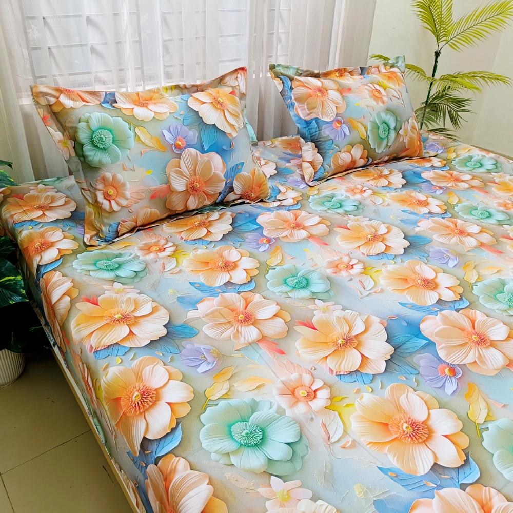 Pastel Sunshine Bloom Digital Printed Super Twill Cotton King Size Bedsheet with 2 Pcs Pillow Covers