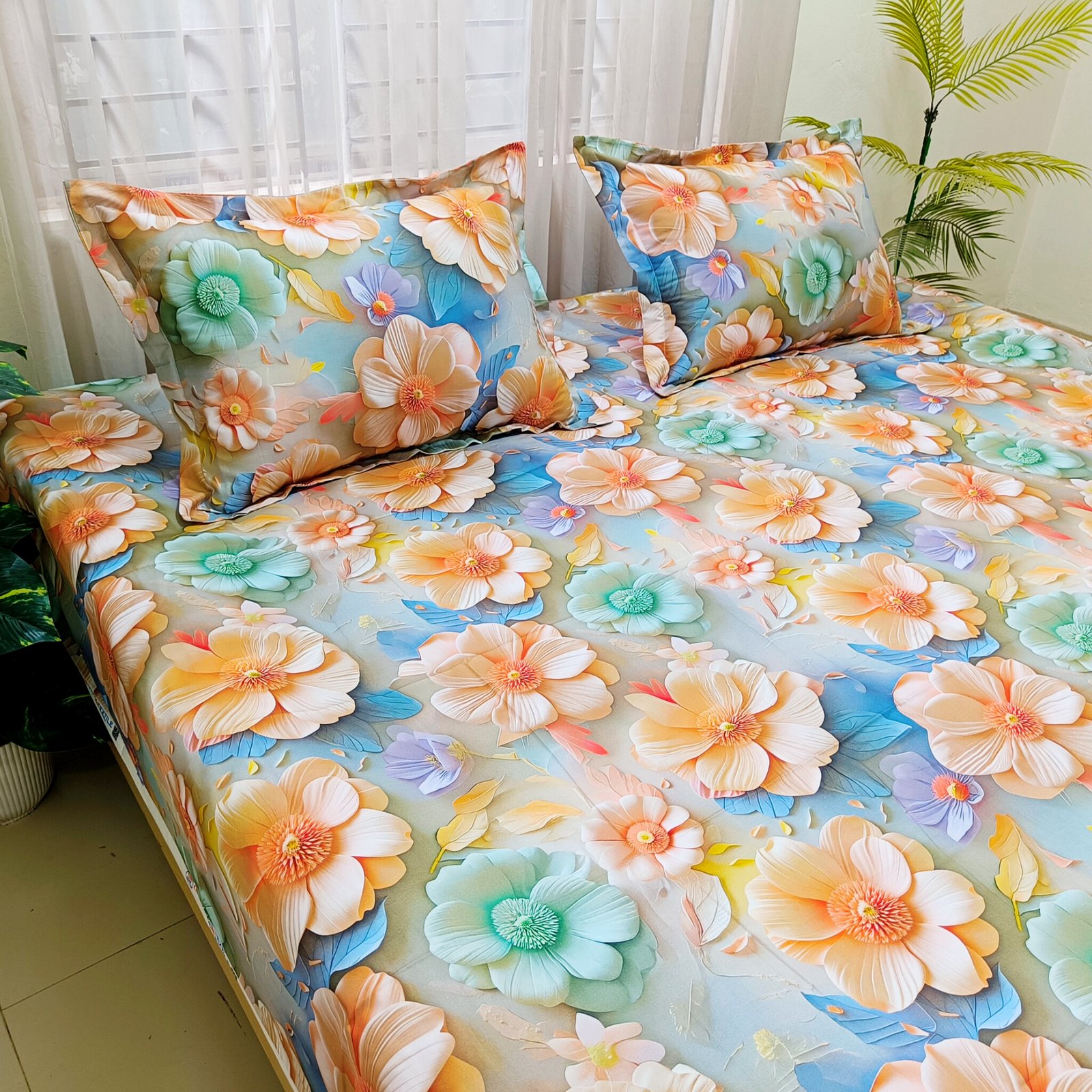 Pastel Sunshine Bloom Digital Printed Super Twill Cotton King Size Bedsheet with 2 Pcs Pillow Covers