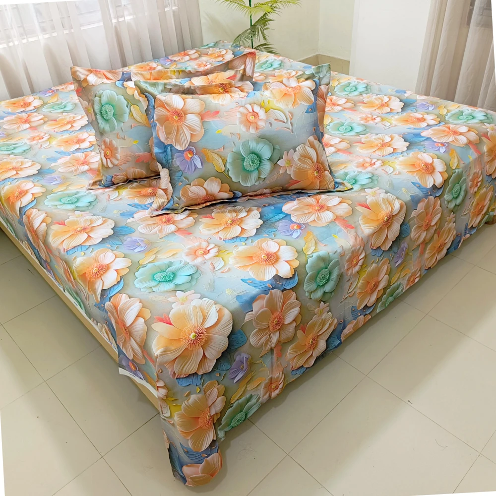 Pastel Sunshine Bloom Digital Printed Super Twill Cotton King Size Bedsheet with 2 Pcs Pillow Covers