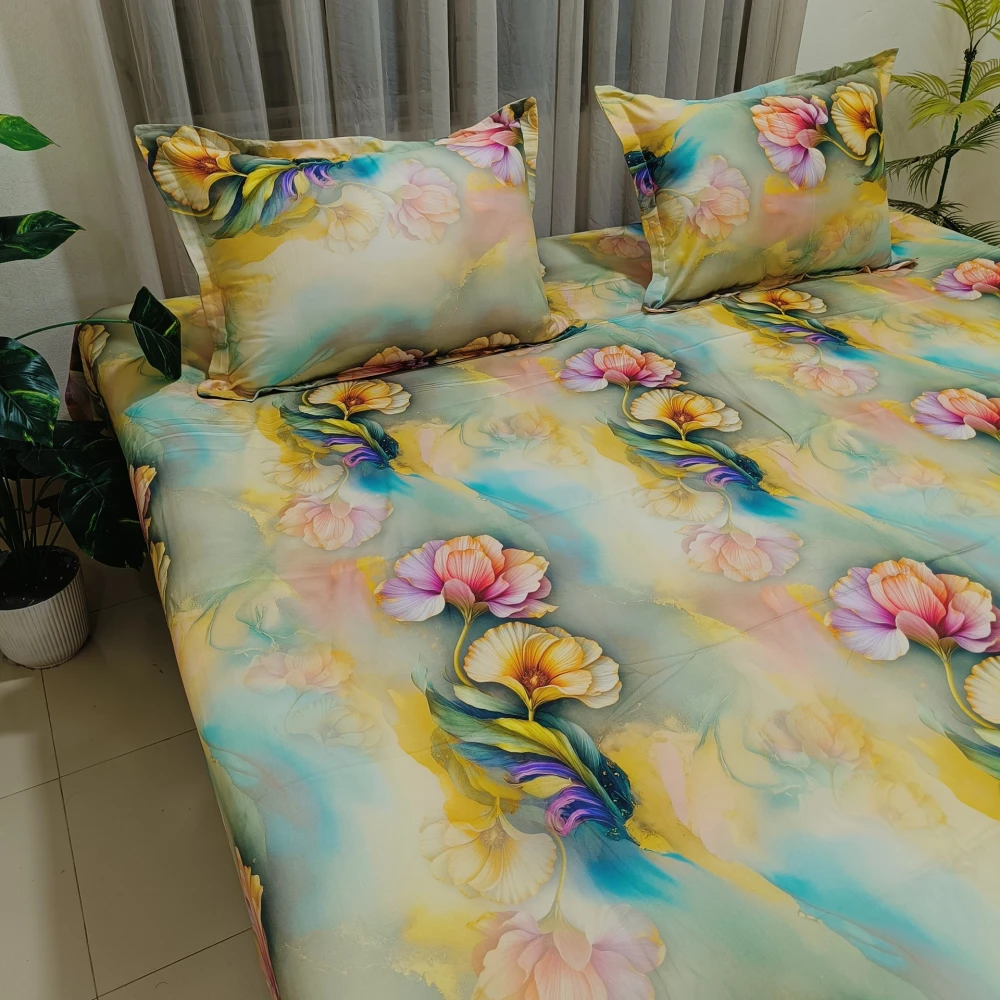 Enchanting Pastel Bloom Digital Printed Super Twill Cotton King Size Bedsheet with 2 Pcs Pillow Covers