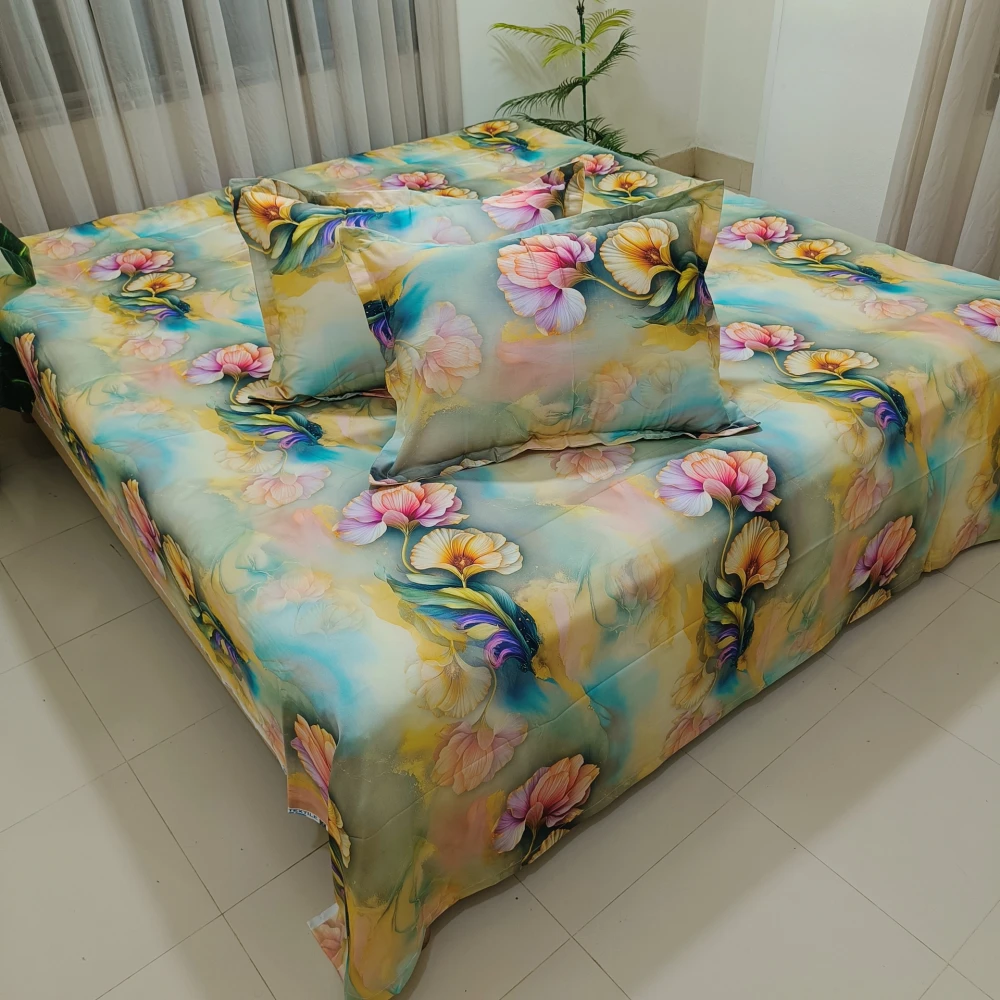 Enchanting Pastel Bloom Digital Printed Super Twill Cotton King Size Bedsheet with 2 Pcs Pillow Covers